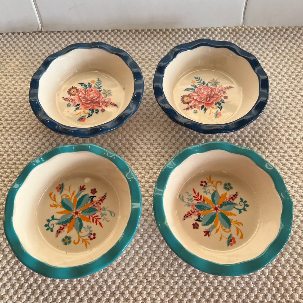 4 Pioneer Woman Stoneware Blooming Bouquet Mini Pie Pan 5.5" Set of 4